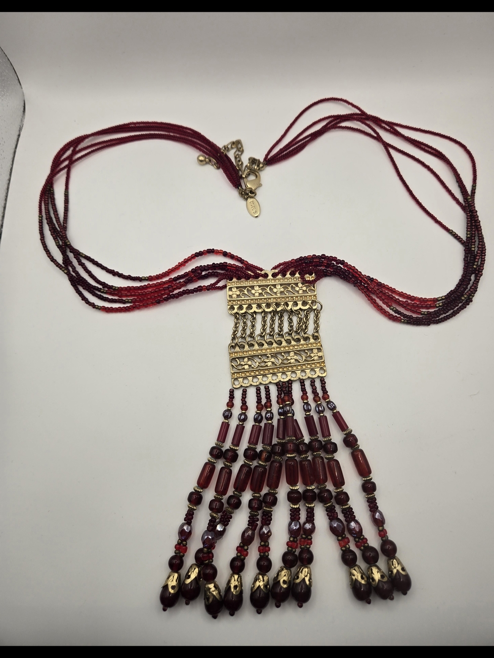 Chico's Long Red Goldtone Multi-Strand Beaded Fringe Necklace Boho Ethnic Tribal